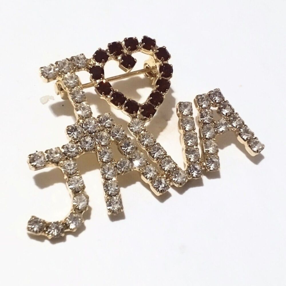 Vintage "I Heart Java" Prong Set Rhinestone Brooch - Picture 3 of 5